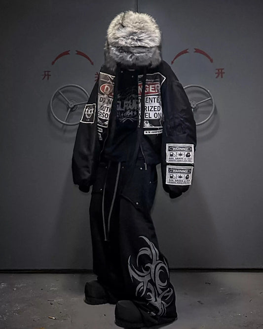 Warning label printed short style coat(glossy)